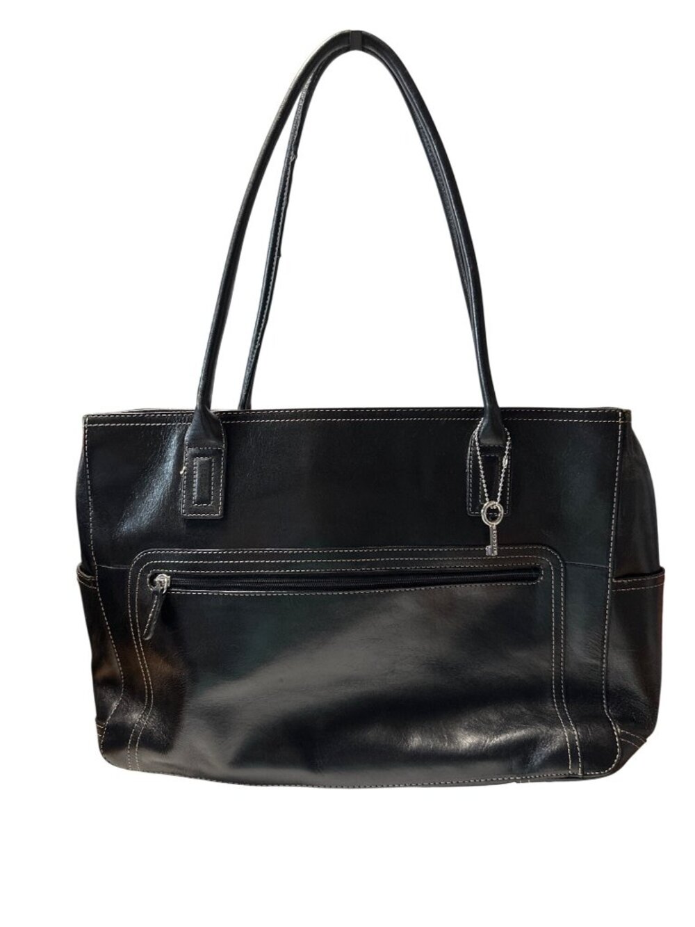 Fossil Black Leather Briefcase Padded Laptop Computer Bag Double Shoulder Strap